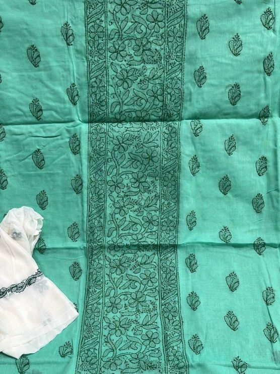 Blueish Green  Delicate Hand-Embroidered  Cotton Kurta Set Material