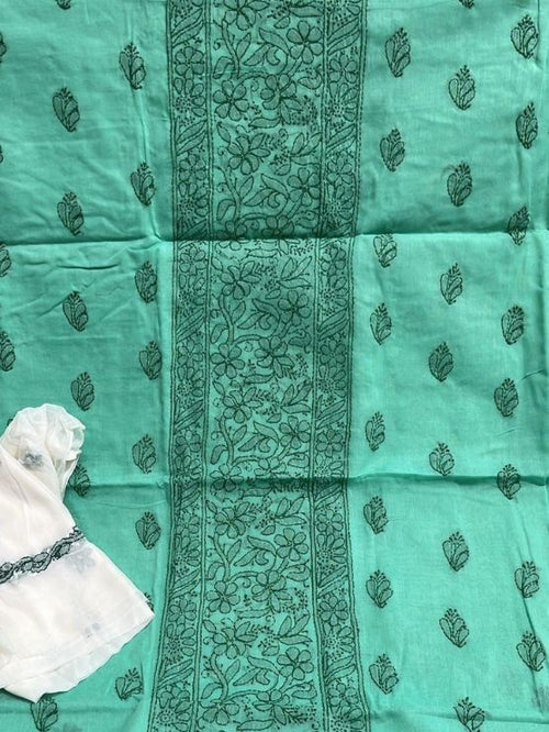 Blueish Green  Delicate Hand-Embroidered  Cotton Kurta Set Material