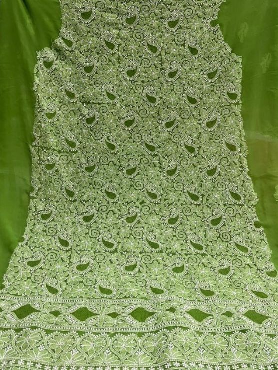 Green Yellow Hand-Embroidered Festive Kurta Set Chiffon Material with Dupatta