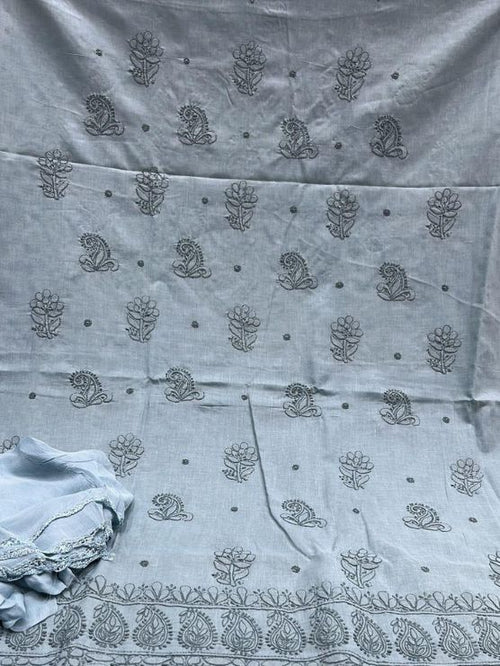 Dusty Blue Hand-Embroidered Quiet Luxury Kurta Set  Mulmul  Material