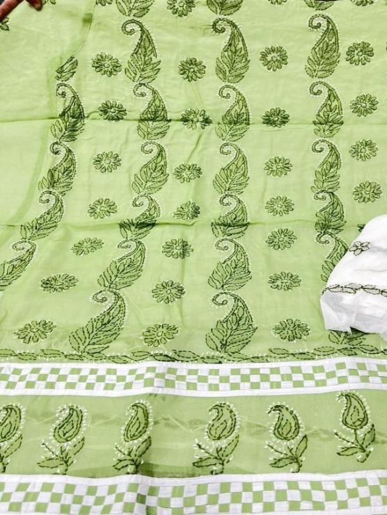 Leaf Green Heritage Panel-Work Mulmul Suit Material