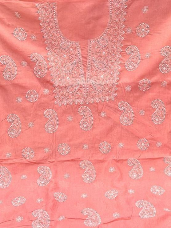 Coral Peach Artisan-Crafted Buti Work Cotton Kurta Set Material