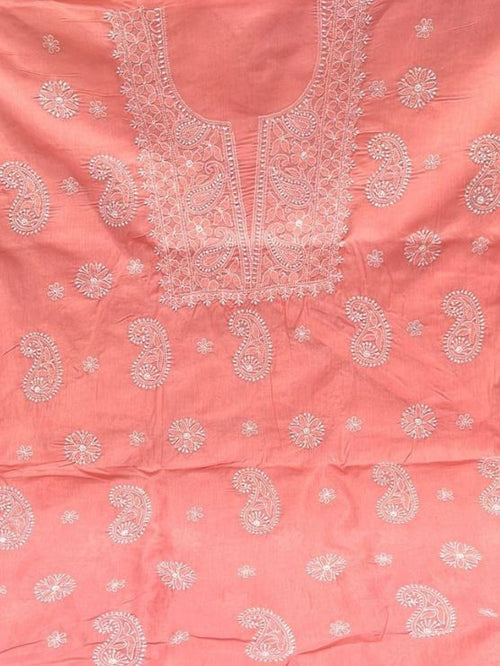 Coral Peach Artisan-Crafted Buti Work Cotton Kurta Set Material