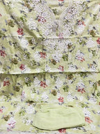 Sage Green Meadow Hand-Embroidered Mulmul cotton Floral Kurta Set Material with Dupatta