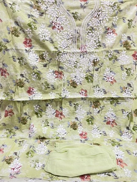 Sage Green Meadow Hand-Embroidered Mulmul cotton Floral Kurta Set Material with Dupatta