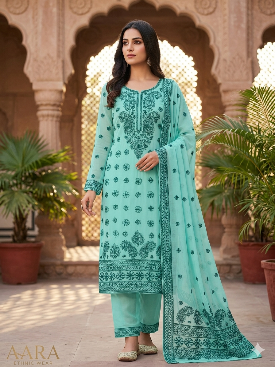 Soft Turquoise / Green hand-embroidery  Chiffon material