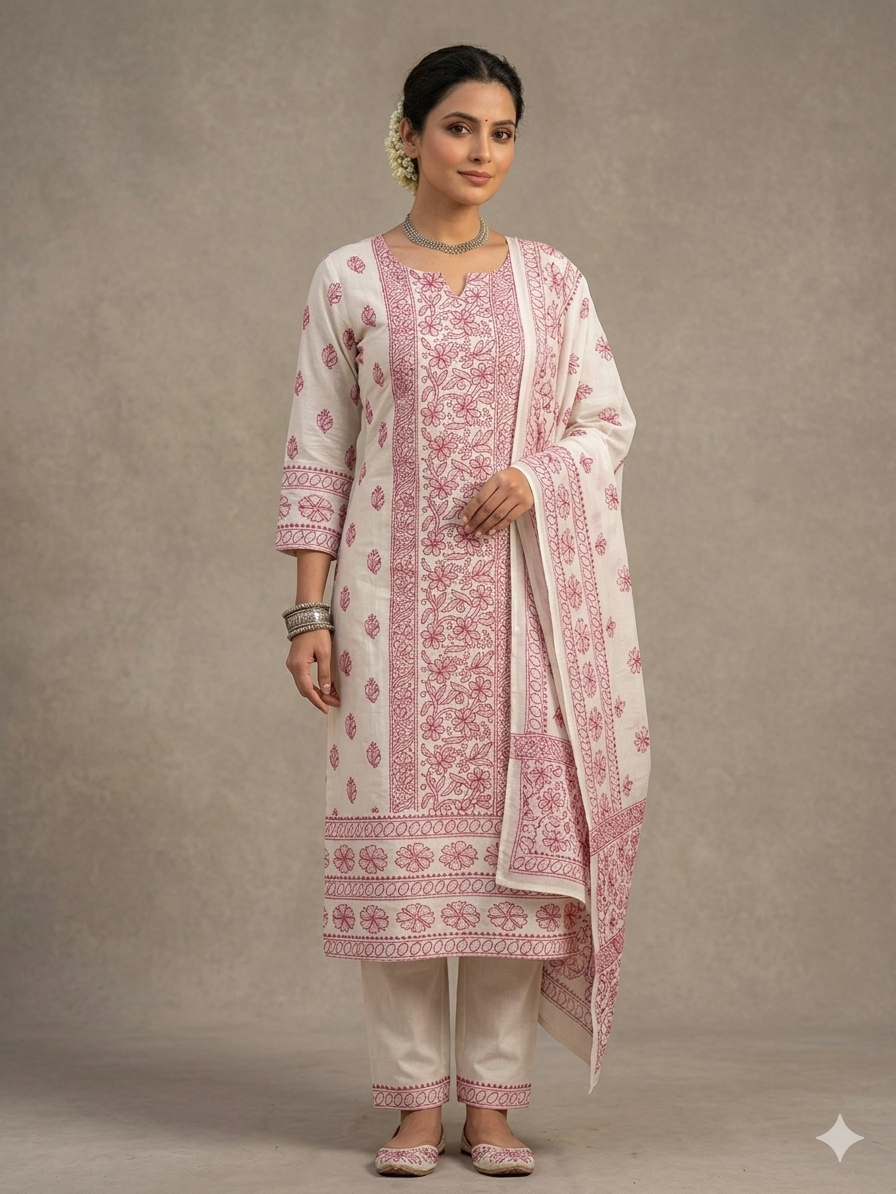 Deep Teal Hand-Worked Vintage Motif Kurta Set Material