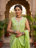 Green Yellow Hand-Embroidered Festive Kurta Set Chiffon Material with Dupatta