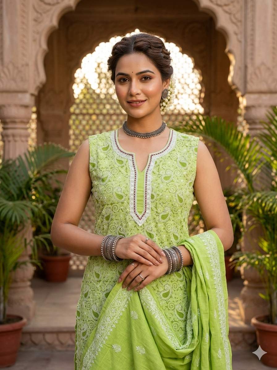 Green Yellow Hand-Embroidered Festive Kurta Set Chiffon Material with Dupatta