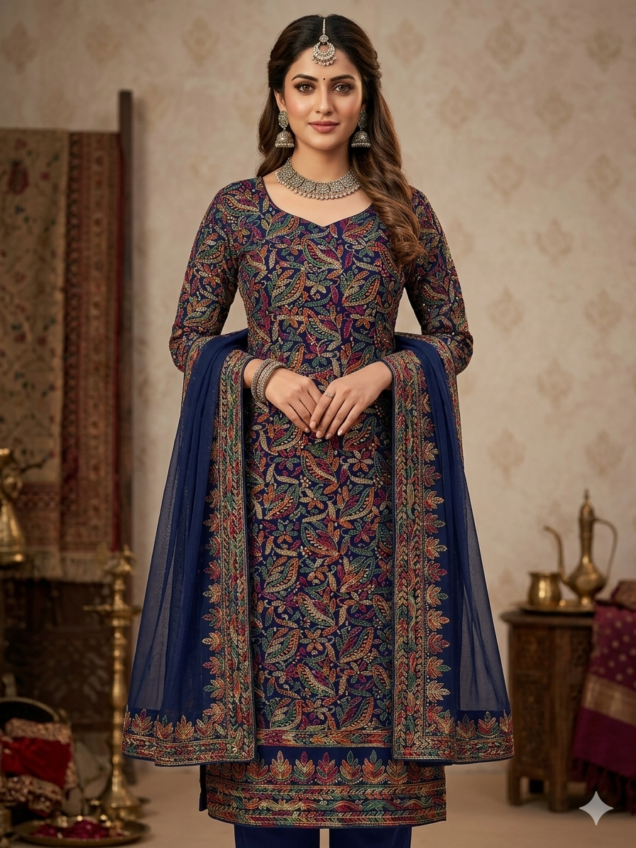 Navy Blue Heritage Kurta Set Chiffon Dress Material with Dupatta