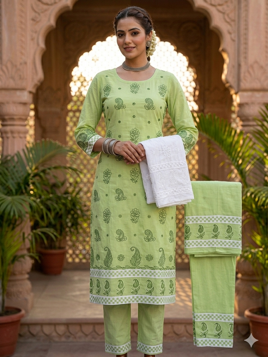 Leaf Green Heritage Panel-Work Mulmul Suit Material