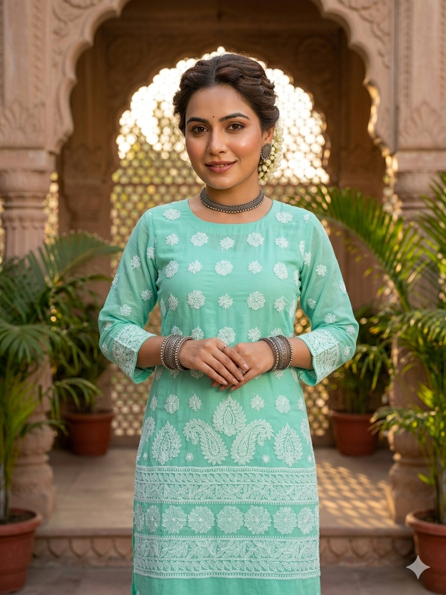 Blueish Green  Delicate Hand-Embroidered  Cotton Kurta Set Material