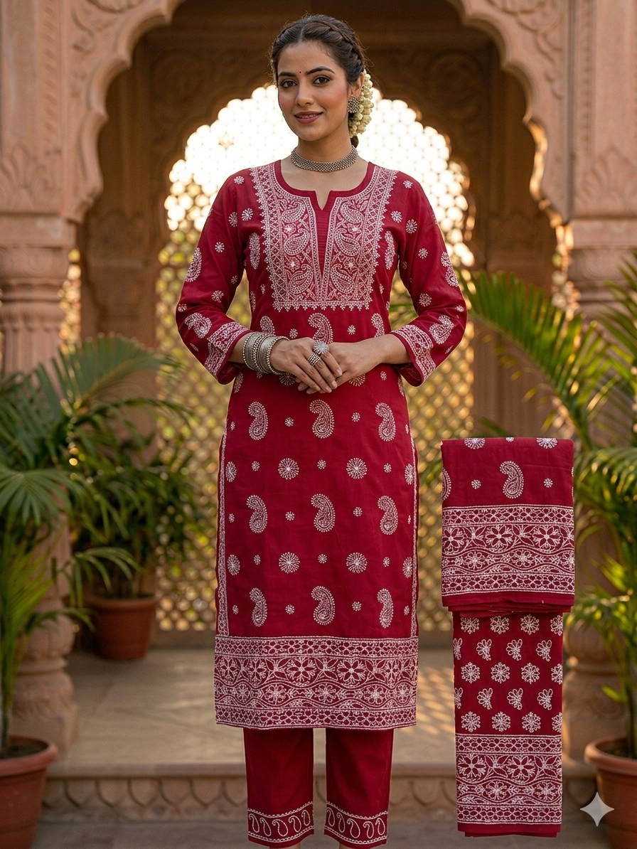 Royal Crimson Hand-Worked Paisley Cotton kurta Set material