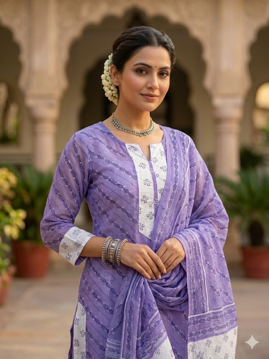 Midnight Lavender Multicolor Threadwork Kurta Set Material