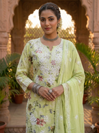Sage Green Meadow Hand-Embroidered Mulmul cotton Floral Kurta Set Material with Dupatta