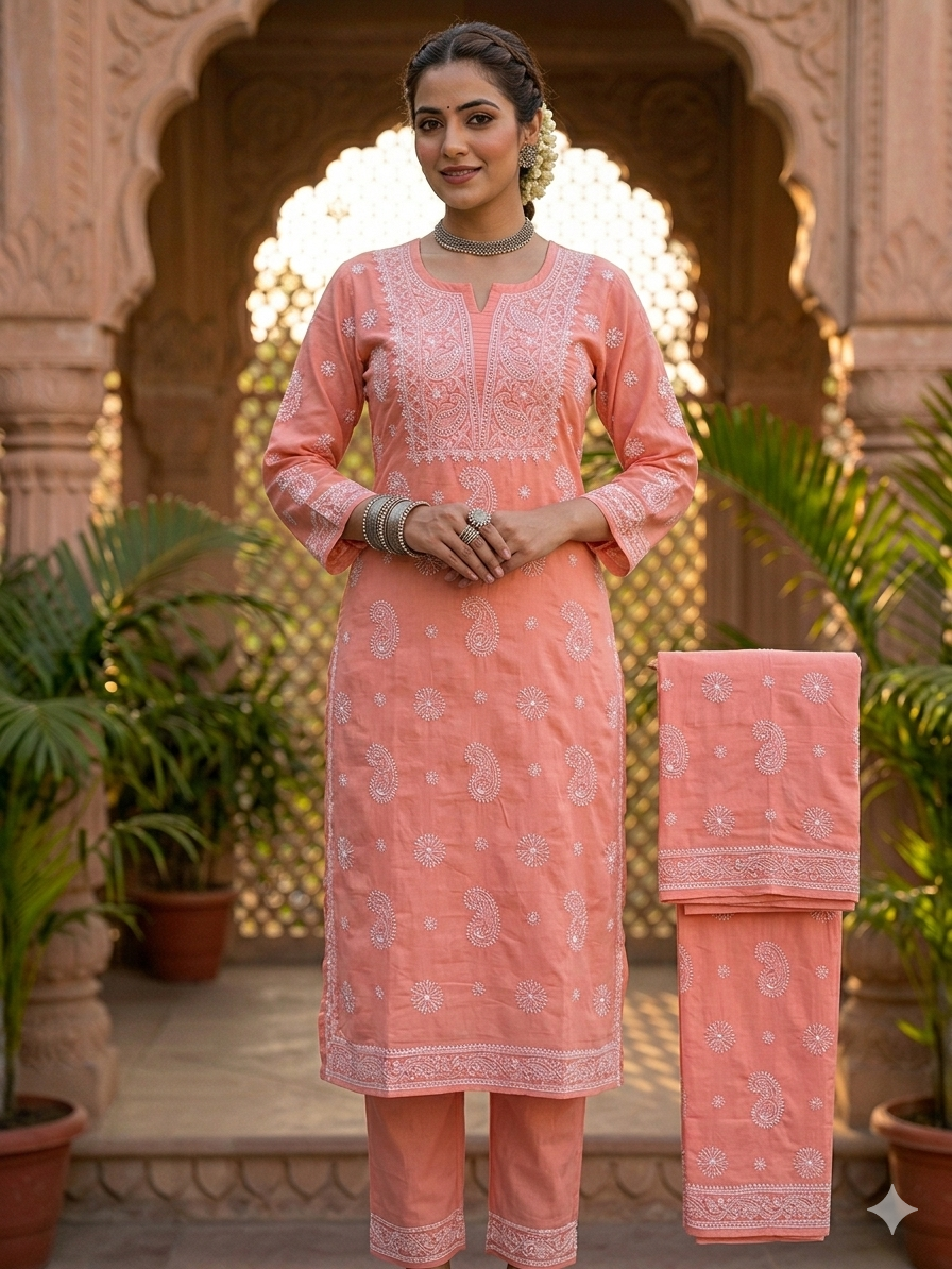 Coral Peach Artisan-Crafted Buti Work Cotton Kurta Set Material