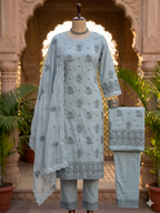 Dusty Blue Hand-Embroidered Quiet Luxury Kurta Set  Mulmul  Material