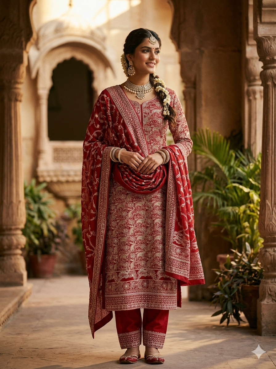 Ruby Red Kurta Set Chiffon  Material